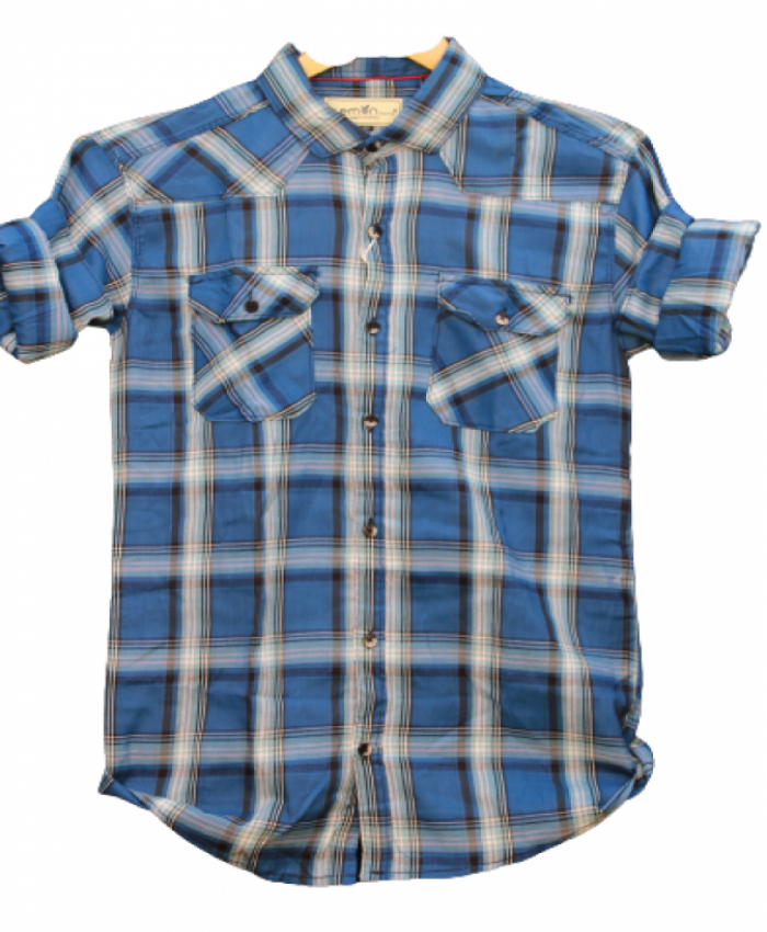 Cotton Shirt with Rolled Up Sleeves Chequered Design